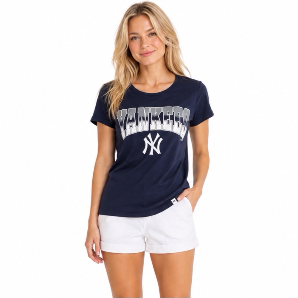 New York Yankees Womens T Shirt Size Small '47 Brand Blue 100% Cotton Franklin